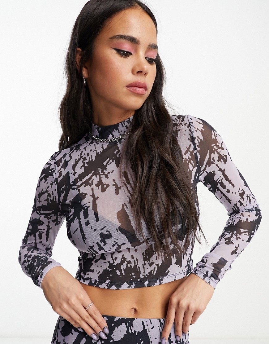 Noisy May high neck mesh crop top co-ord in lilac and black graphic print-Multi