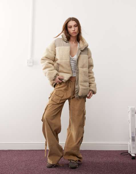 Noisy May high neck teddy padded jacket in beige - view 1