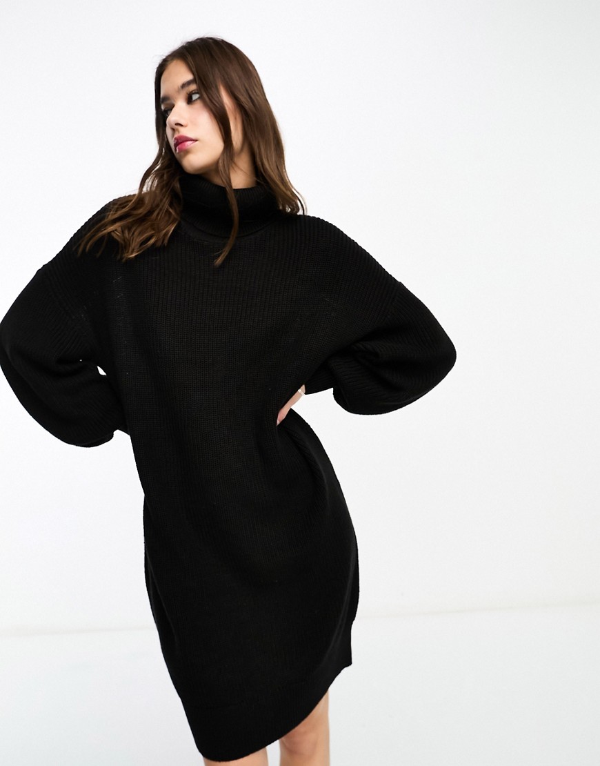 Noisy May high neck wide sleeve knitted jumper dress in black