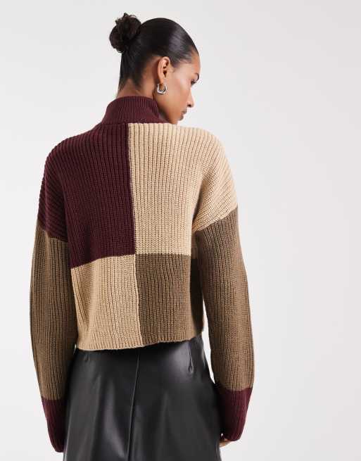 Noisy May high neck zip through cardigan in burgundy and cream, 4 of 4