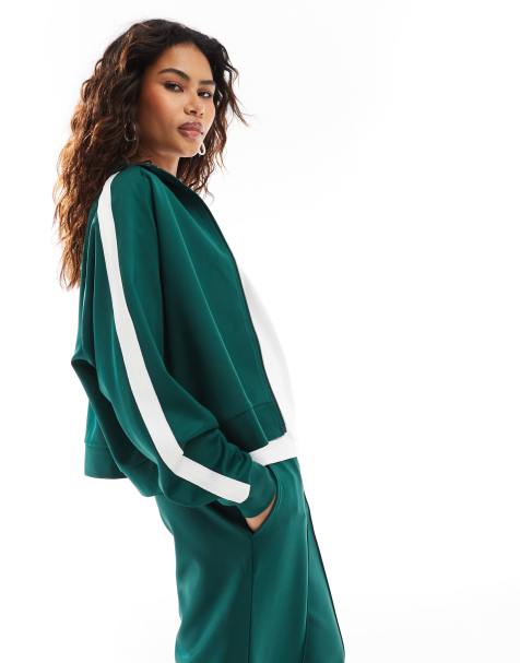 Noisy May high neck zip through sweat co-ord in dark green - view 1