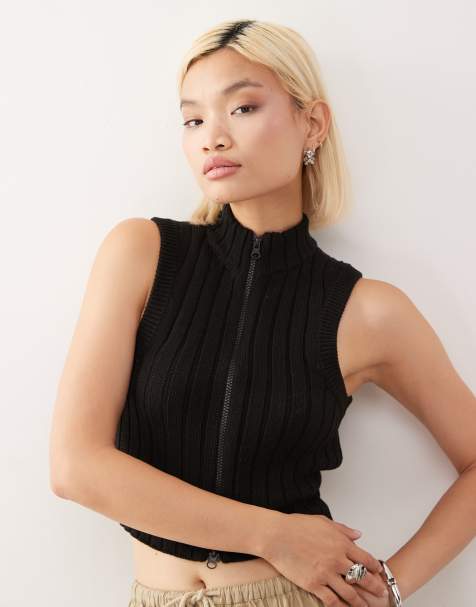 Noisy May high neck zip up knit tank top in black - view 1