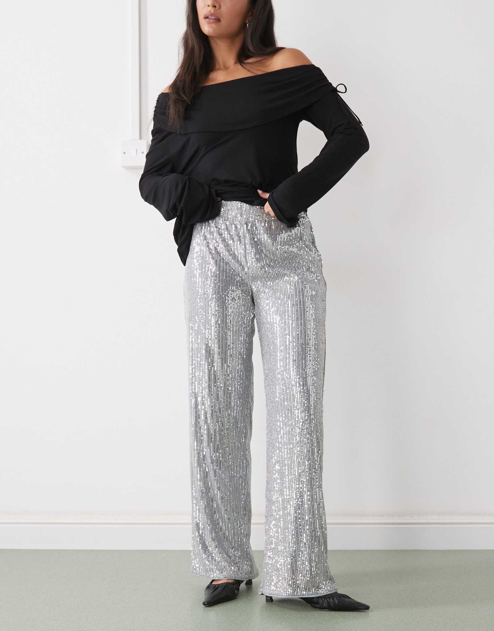 Серебристые брюки с пайетками на высокой посадке Noisy May