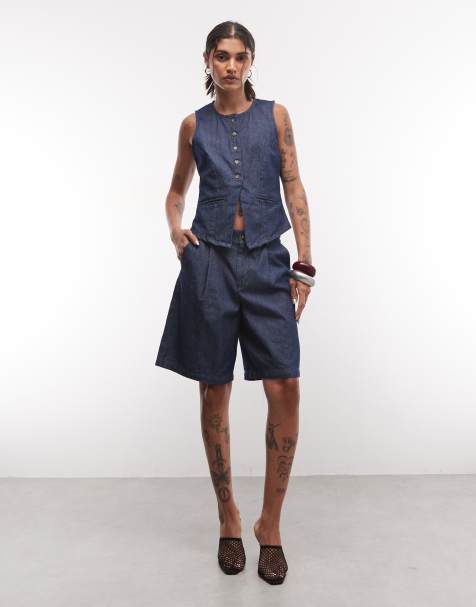 Noisy May high rise tailored bermuda shorts in dark blue denim (part of a set) - view 1