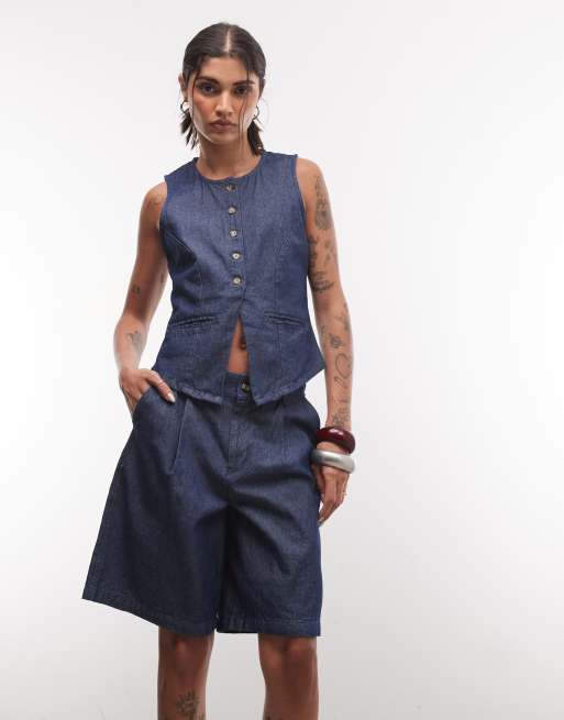 Noisy May high rise tailored bermuda shorts in dark blue denim (part of a set), 3 of 5