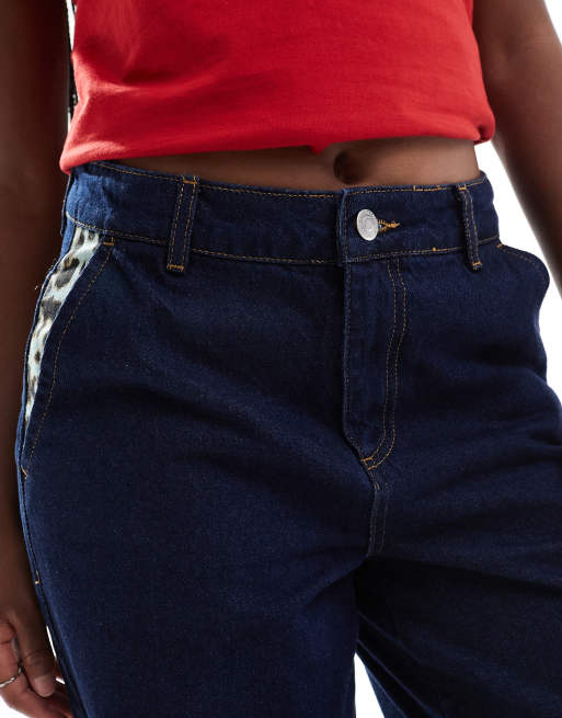 Noisy May high rise wide leg leopard trim jeans in indigo | ASOS