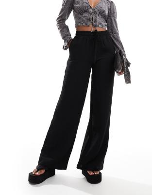 high rise wide leg ripple texture pants in black