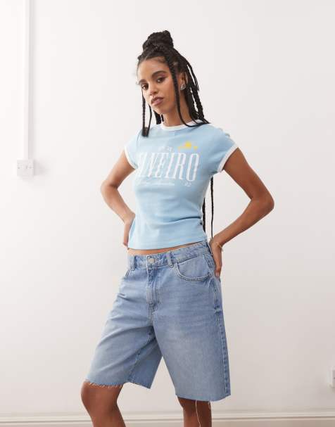 Noisy May high waist baggy denim short in light wash blue  - view 1