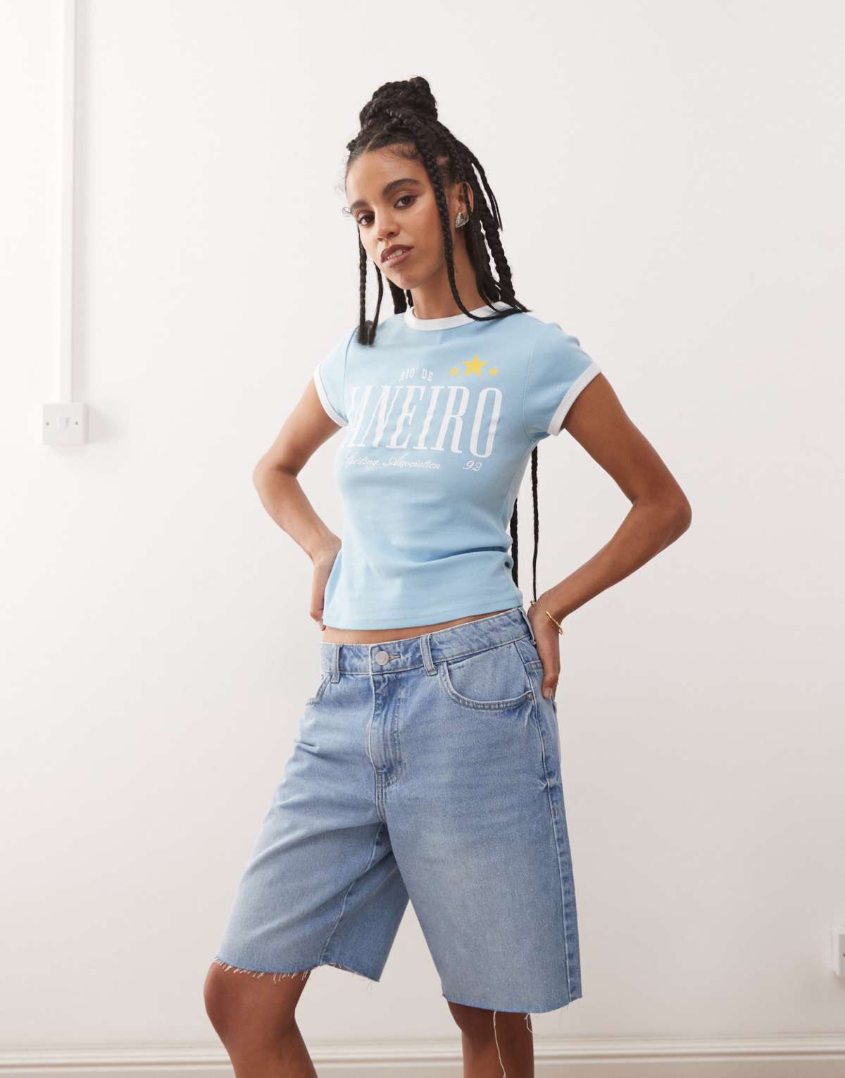 Noisy May high waist bermuda denim short in light wash blue