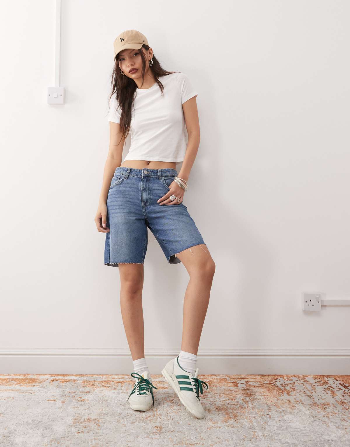 Noisy May high waist bermuda denim short in mid wash blue