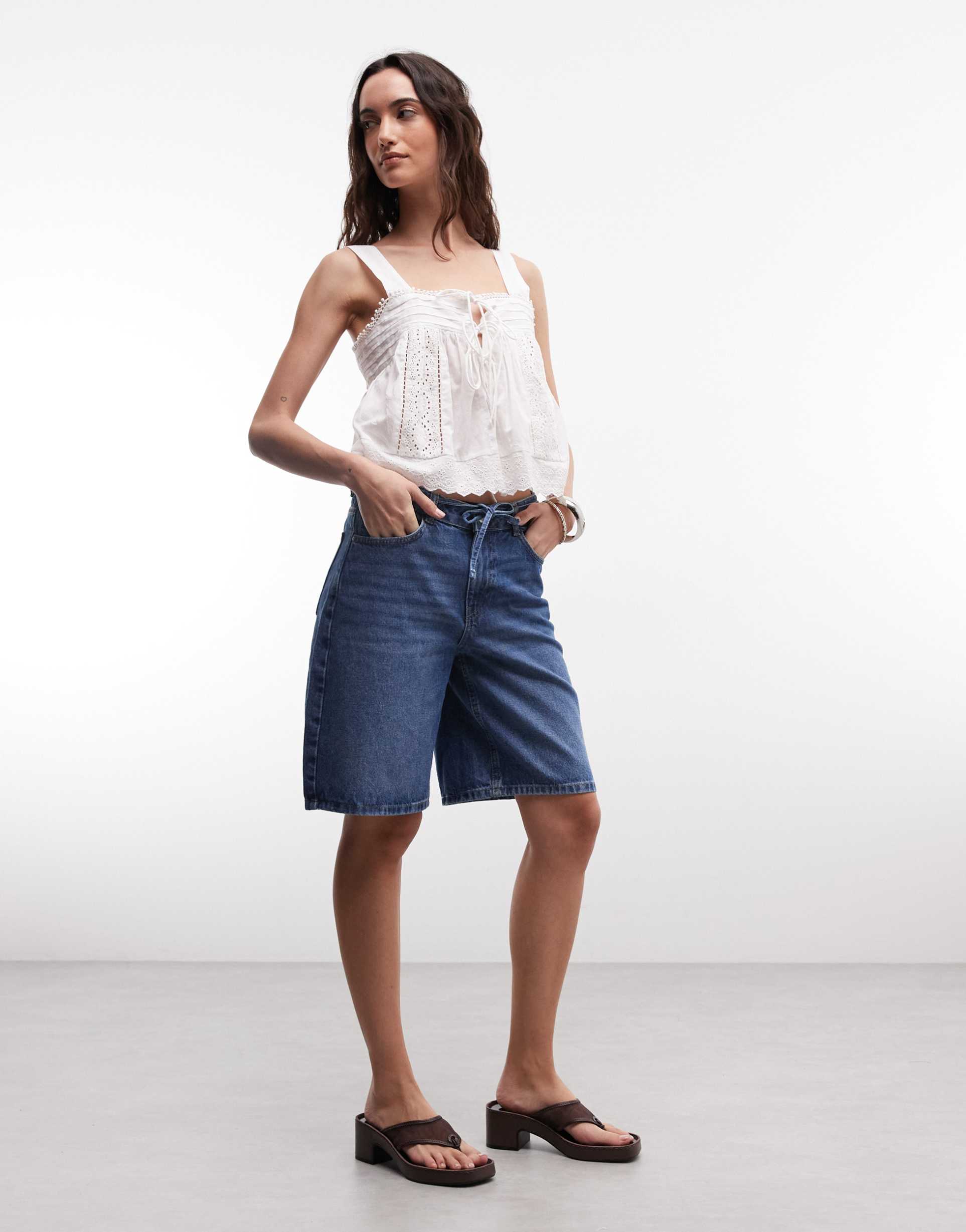noisy may high waist bermuda shorts in mid blue denim