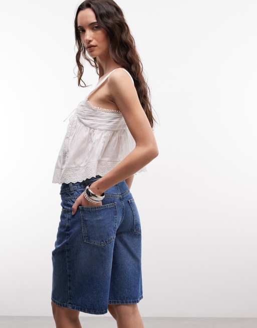 Noisy May high waist Bermuda shorts in mid blue denim, 4 of 5