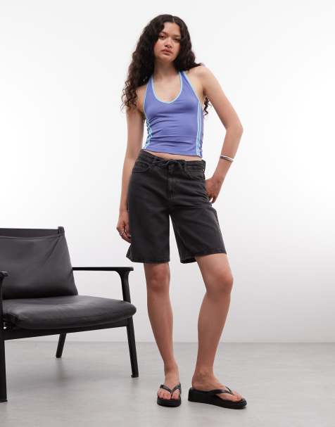 Noisy May high waist longline loose short in black denim - view 1