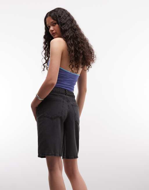 Noisy May high waist longline loose shorts in black denim, 4 of 5