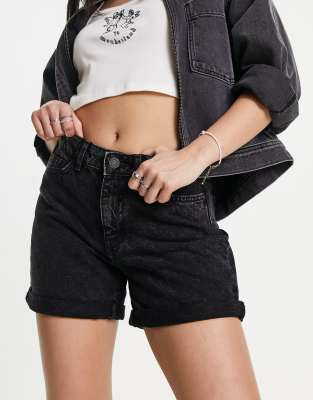high waist mom shorts in washed black denim