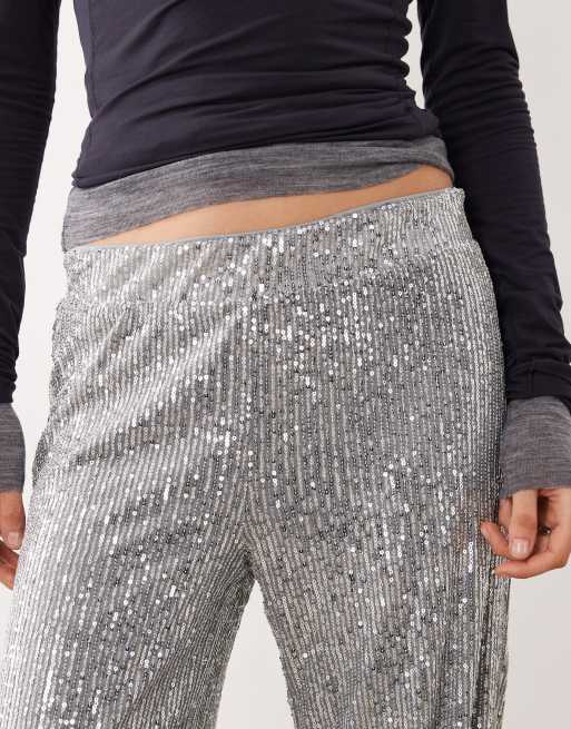 Noisy May high waist pull on sequin pants in silver, 3 of 5