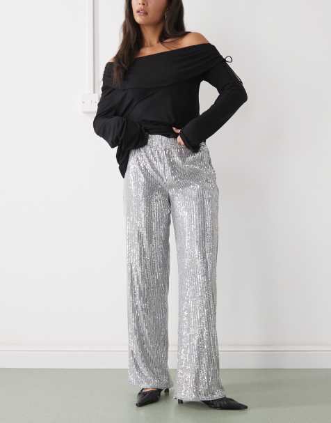 Noisy May high waist pull on sequin trousers in silver - view 1