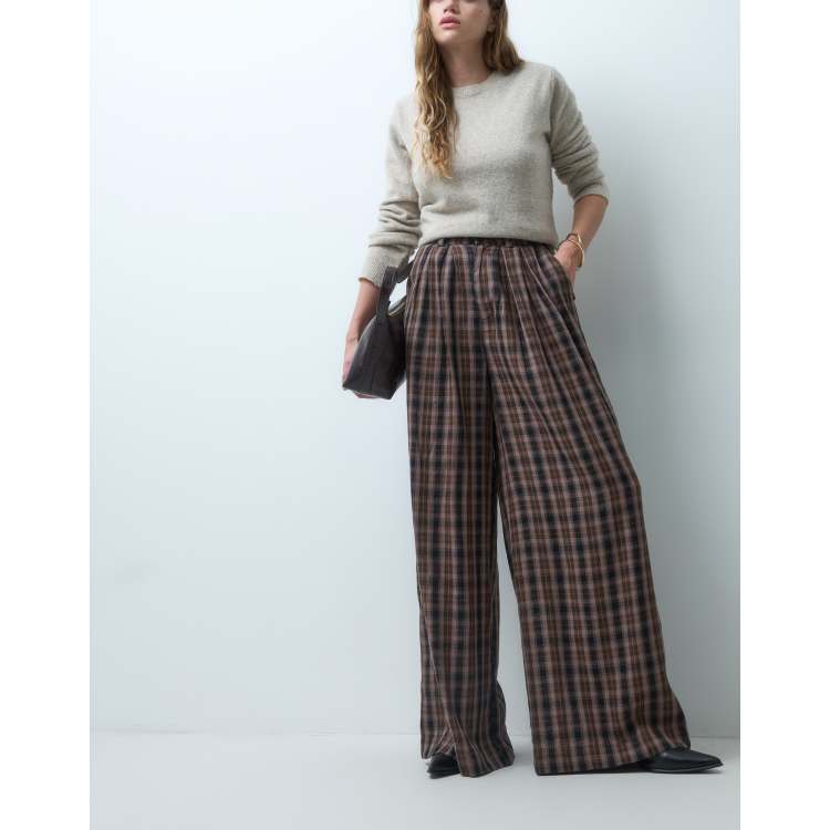 Noisy May high waist wide leg check trouser in chocolate check | ASOS