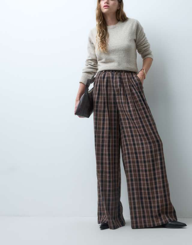 Noisy May high waist wide leg pants in brown check | ASOS