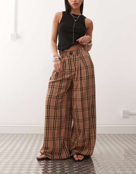Noisy May high waist wide leg trousers with pleat detail in brown check - view 1