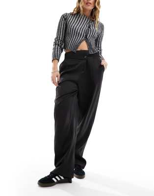 Shop Noisy May High Waisted Wide Leg Asymmetric Pants In Black