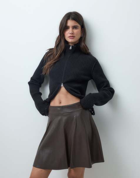 Noisy May high waisted faux leather skirt in brown - view 1