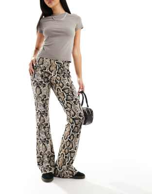 Noisy May High Waisted Flared Trousers In Snake Print-White
