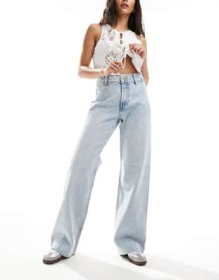 Noisy May High Waisted Seamless Wide Leg Jeans In Light Wash-blue