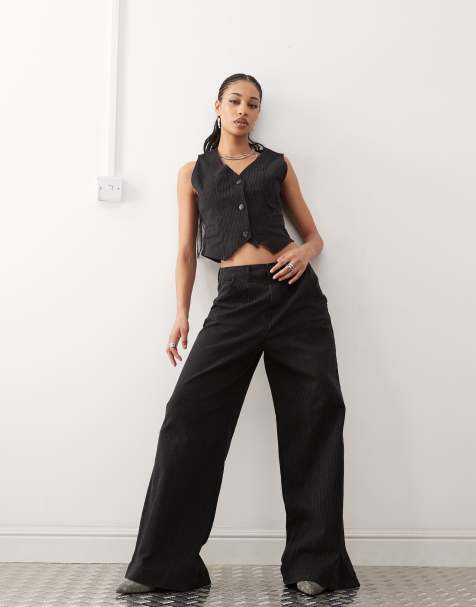 Noisy May high waisted wide leg jeans in black pinstripe (part of a set) - view 1