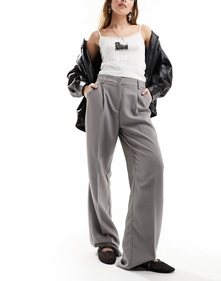 Noisy May high waisted wide leg tailored trousers in grey