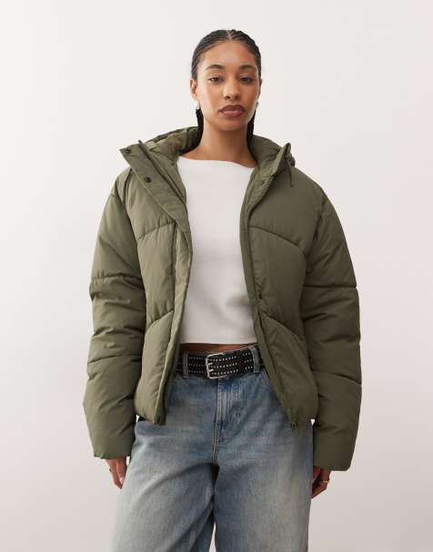 Noisy May hooded puffer jacket in khaki - view 1