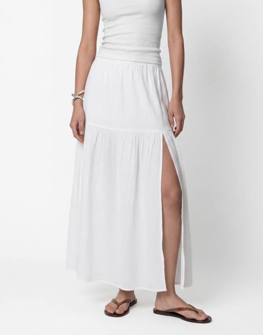 Noisy May - Hvid maxinederdel i boho-stil med plisseringer og sideslids, 3 af 4
