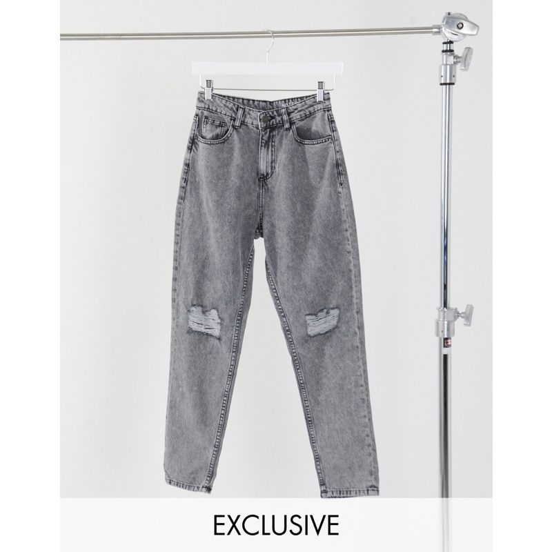 In esclusiva  Noisy May in esclusiva - Mom jeans a vita alta e ginocchia strappate denim grigio chiaro