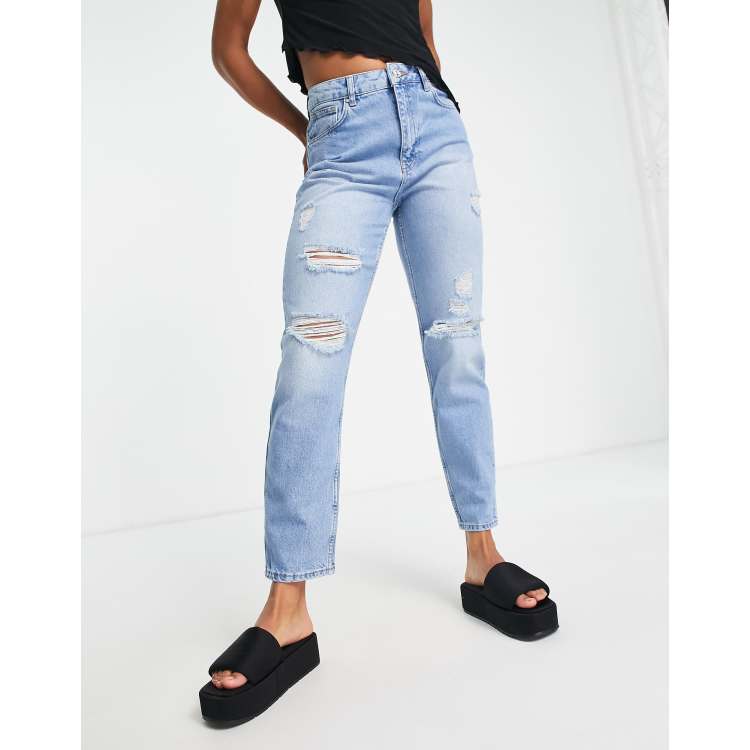 Noisy May Isabel high waisted ripped Mom jeans in light blue