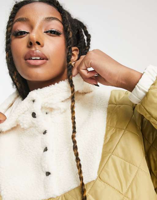 Noisy May – Jacke aus Teddyfell und gestepptem Fleece in Beige mit Kapuze, 3 von 4