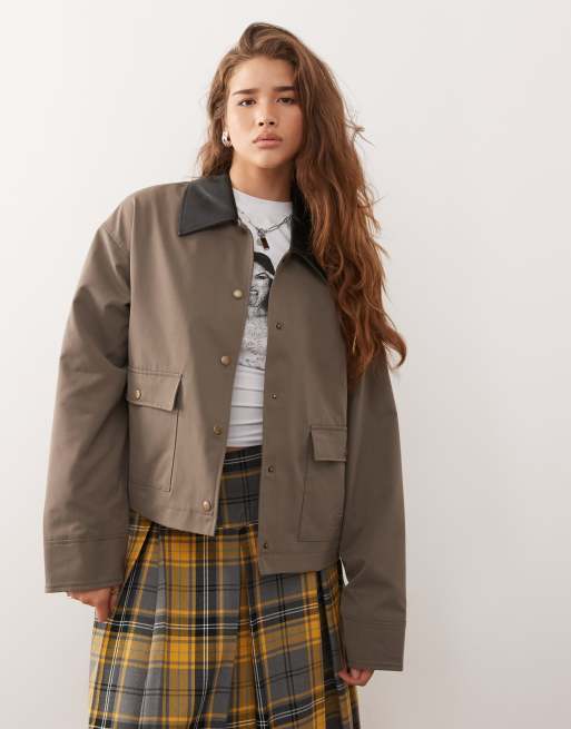 Noisy May jacket with cuff and collar detailing in brown