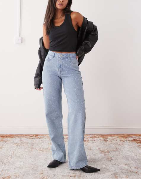 Noisy May - Jannel - Jeans larghi a vita alta azzurri con strass - view 1