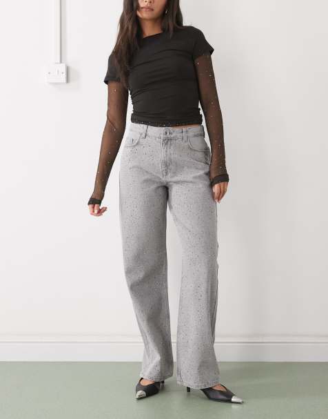 Noisy May Jannel rhinestone high waist loose fit jeans in washed grey