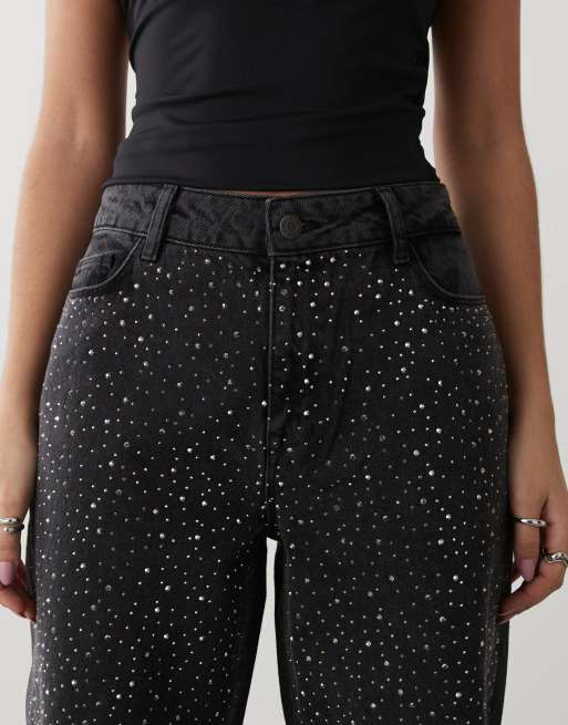 Noisy May Jannel rhinestone high waist loose fit jeans in black | ASOS