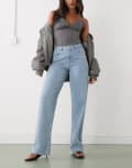 [Noisy May] Noisy May Jannel rhinestone high waist loose fit jeans in light blue W28 L30 Light Blue Denim
