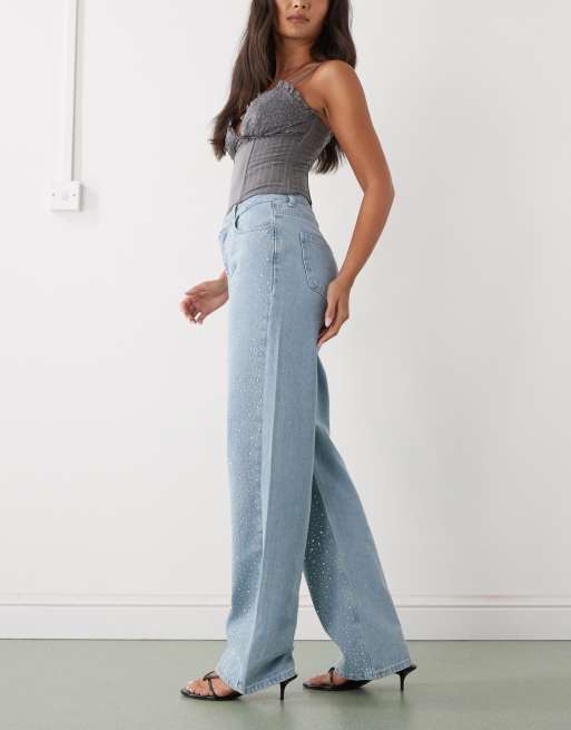 Noisy May Jannel rhinestone high waist loose fit jeans in light blue, 2 of 5