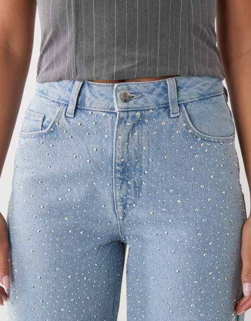 Noisy May Jannel rhinestone high waist loose fit jeans in light blue, 4 of 5
