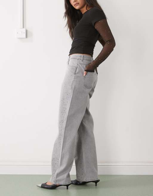 Noisy May Jannel rhinestone high waist loose fit jeans in washed grey, 2 of 5