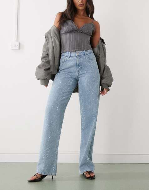 Noisy May Jannel rhinestone high waist loose fit jeans in light blue