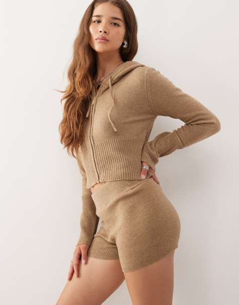 Noisy May knitted mini short co ord in light brown