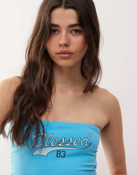 Noisy May bandeau top with varsity print in light blue