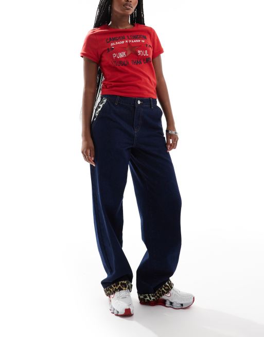 Noisy May - Jeans met hoge taille, wijde pijpen en afwerking met luipaardprint in indigoblauw