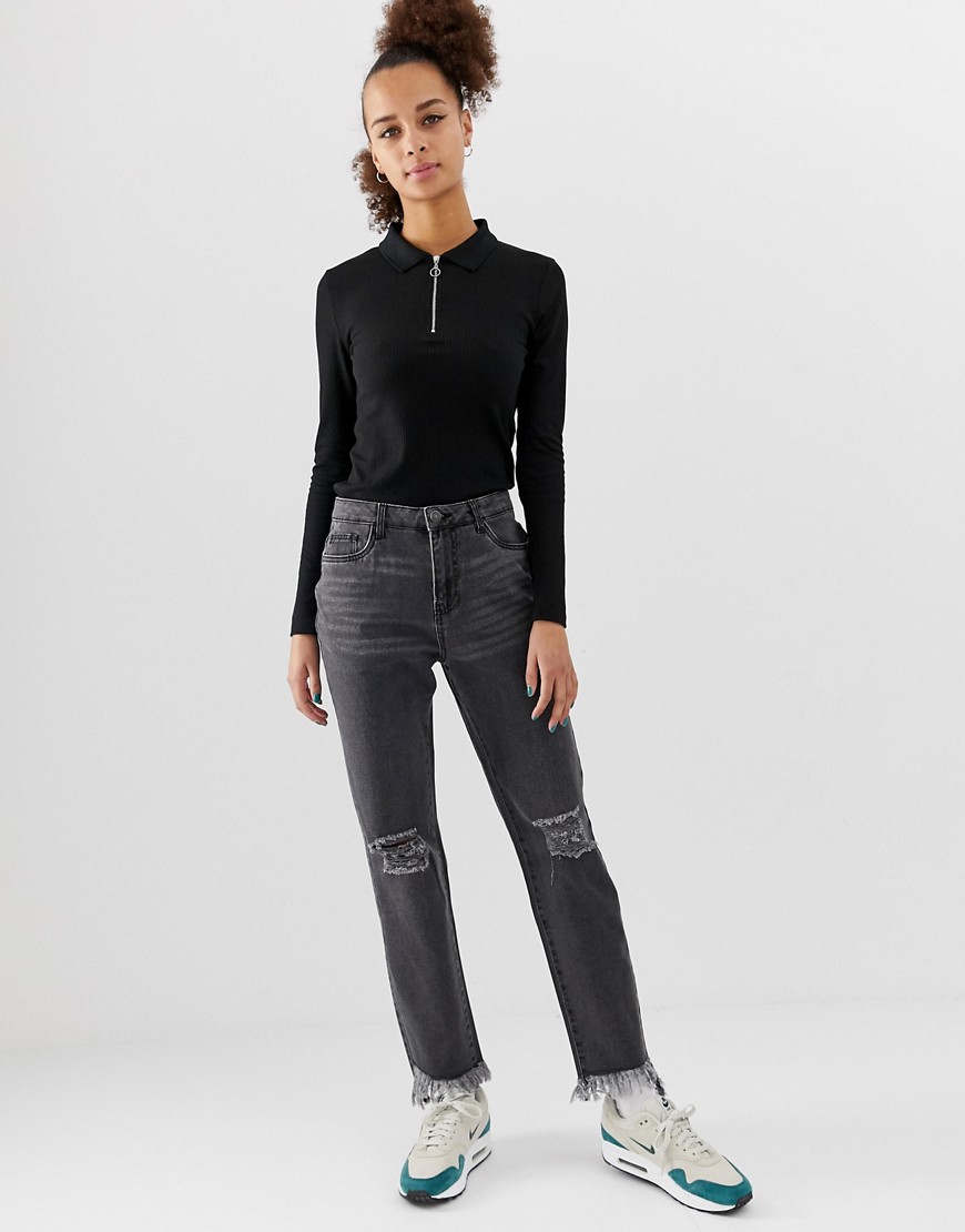 Noisy May - Jeans met rechte pijpen met gerafelde zoom in zwart