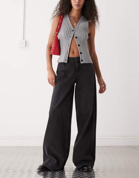 Noisy May - Jeans met wijde pijpen en lage taille in zwarte denim - view 1