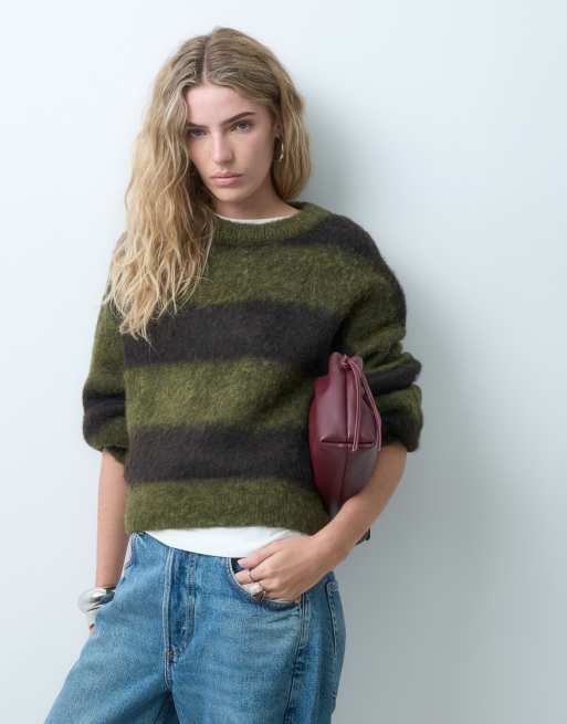 Noisy May - Jersey de punto cepillado de cuello redondo y corte boxy en rayas caqui y chocolate, 3 de 4
